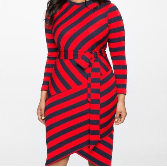Eloquii Dresses & Skirts - Eloquii- Asymmetrical Red & Navy Striped Dress w/ Matching Cinching Belt Size 28